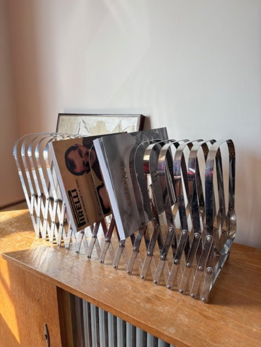 Porte-revues ou porte-disques 'Harmonica' vintage en chrome, design Luther Evans