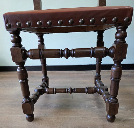 Image 1 of Set 4 vintage leren eetkamerstoelen eiken