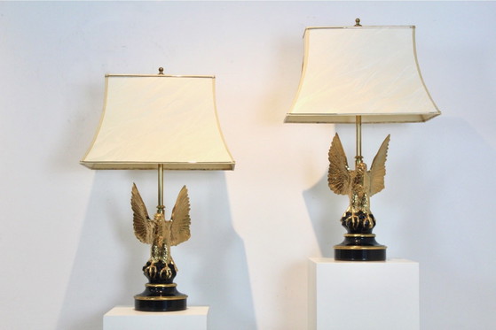 Coppia di Grandi Lampade da Tavolo Scultura Aquila in Ottone Belga per DeKnudt, Seta, Mid Century Modern (foto 6 di 16)