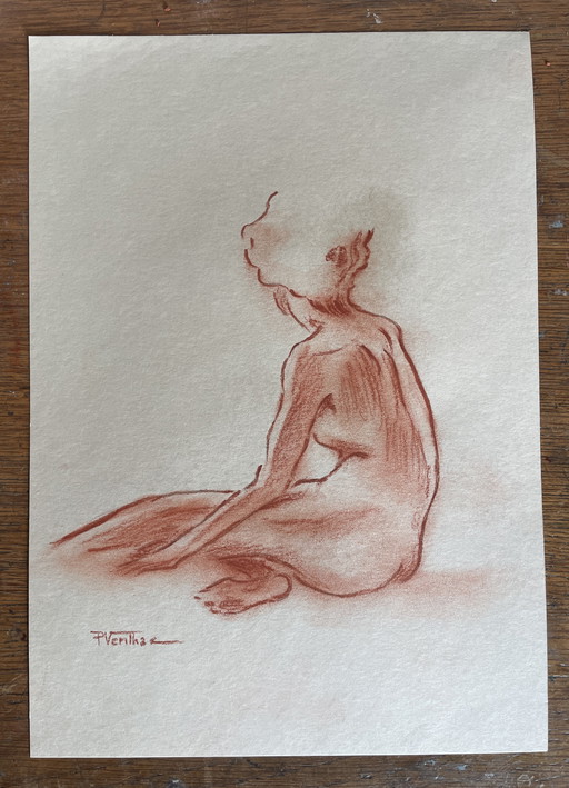 Tableau Signé Sanguine Portrait Féminin « Pose dans l’Atelier »