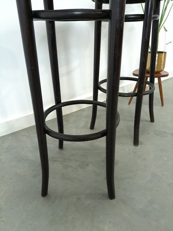Image 1 of Set of 1950s wooden bar stools with webbing from France