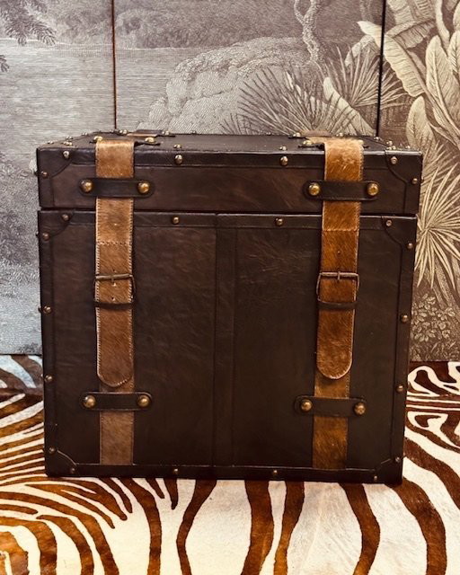 CAJA DE CUERO SINTÉTICO, COFRE, MESA AUXILIAR, CAJA DE ALMACENAMIENTO, ESTILO COLONIAL BRITÁNICO