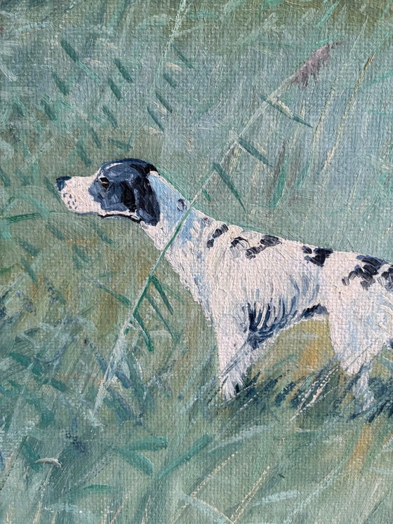 Image 1 of Grande peinture à l'huile originale vintage représentant un paysage avec un chien