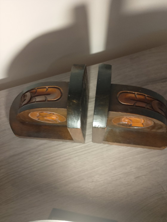 Image 1 of Pairs of solid wood bookends signed SM d'Oléron