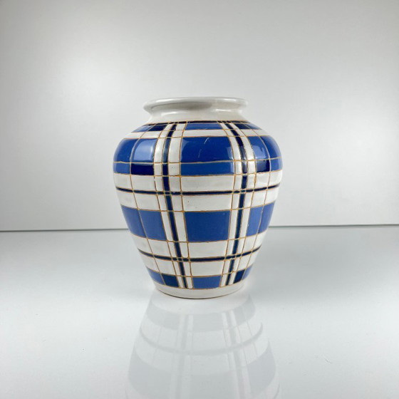 Image 1 of Vaso vintage degli anni '50, terracotta smaltata, decorazione geometrica blu e bianca