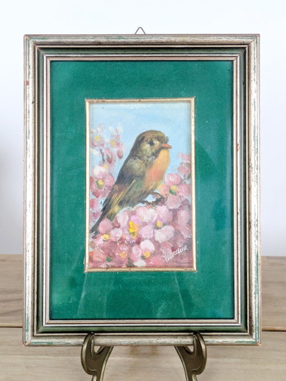 Image 1 of Vintage Robin Oil Painting, Blossoms, Green Velvet Mat, Signed