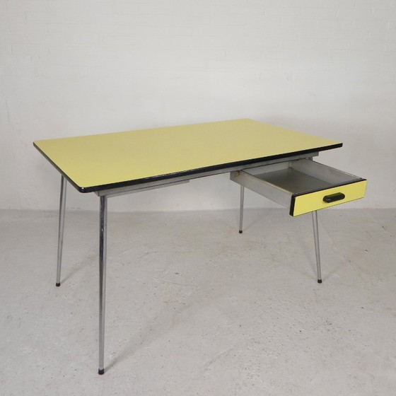 Vintage Formica table, desk with 2 drawers 1950s, Metal, Wood, Yellow (photo 3 of 15)