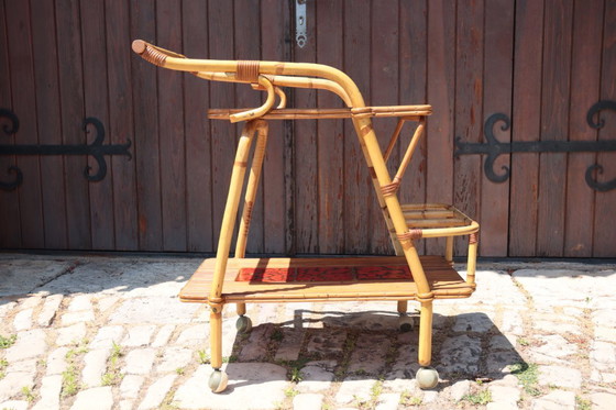 Image 1 of Mesa de servicio/rueda de ratán y cerámica de Audoux Minet, 1950