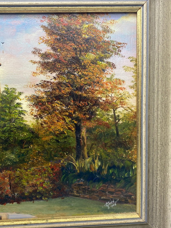 Oil on canvas signed J. André 1968, autumnal landscape with medieval tower – Decorative Objects, Wood, Gold (photo 5 of 8)