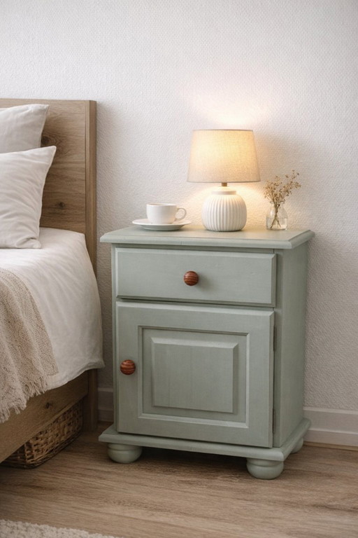 charmanter hellgrüner Nachttisch – im Brocante-Stil