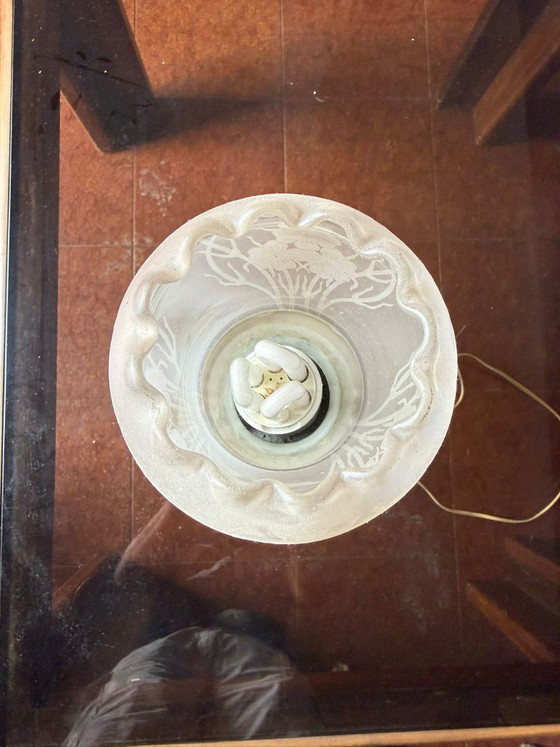 Vintage Art Nouveau lamp van messing en satijnglas - werkend – Tafellampen, Brass (photo 5 of 5)