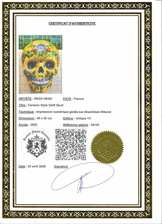 Image 1 of CABEZA MUERTA - Cráneo de Delft estilo cerámica - Impresión giclée sobre placa de aluminio