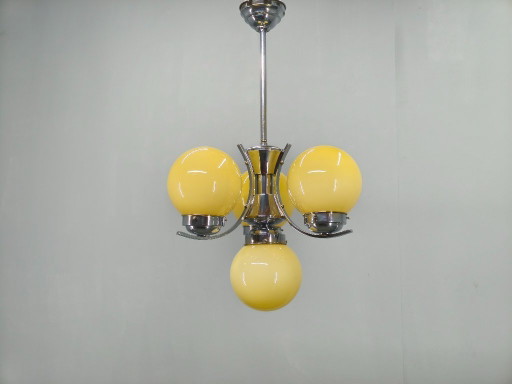 Art Deco Chrome and Opaline Glass Chandelier, Czechoslovakia