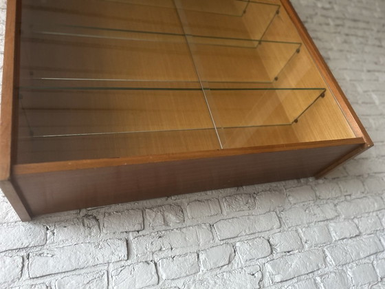 Wall display cabinet with glass sliding doors, brown wood, Mid Century Modern (photo 8 of 14)