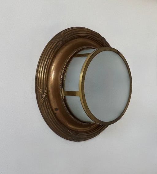 Vintage XL Wall light, brass, copper and sandblasted glass, France, 1930