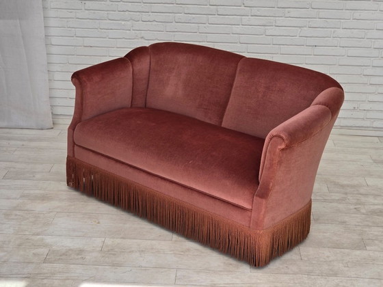 Anni '60, Divano danese 2 posti, velluto d'arredamento rosa originale. – Divani 2 posti, Velvet, Wood (photo 19 of 21)