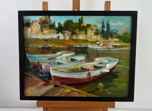 Original Oil Painting Summer Coastal Landscape City boat ferry