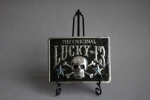 Unusual large belt buckle, original Lucky 13, with rectangular metal skull design