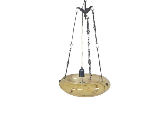 Image 1 of Art Deco - bowl lamp - marbled glass - pendant lamp - France - 30s