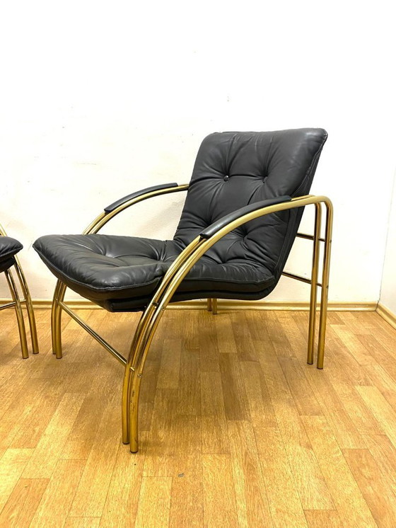 Image 1 of Vintage leren en metalen fauteuils, jaren 90, set van 2