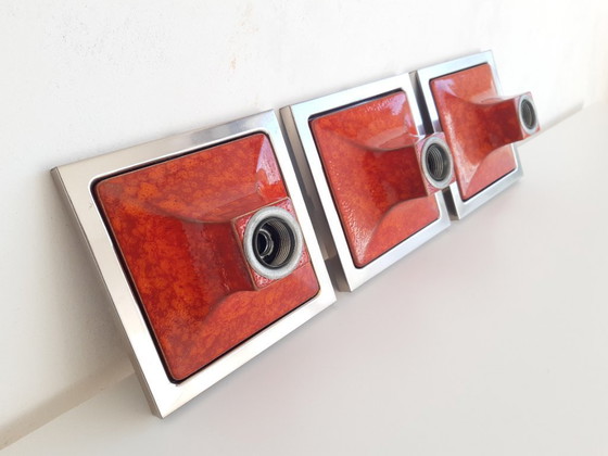 Image 1 of Set of 3 orange ceramic MCM wall lights, wall scones in chrome frame