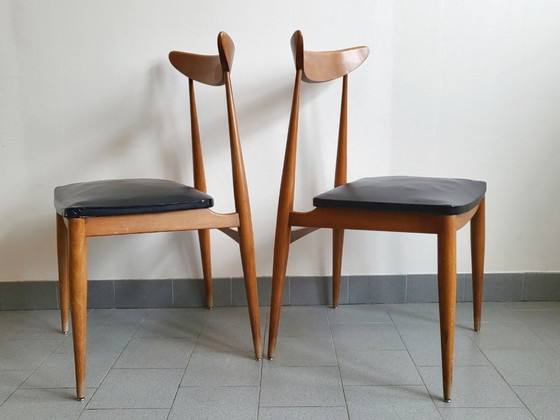 Image 1 of SET VAN 4 VINTAGE SCANDINAVISCHE STOELEN JAREN 60 BEUKEN ZWART SKAI 60S 1960S 60s