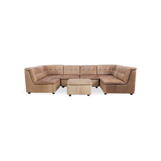 Image 1 of Canapé d'angle modulable original style Mid-Century, en cuir marron