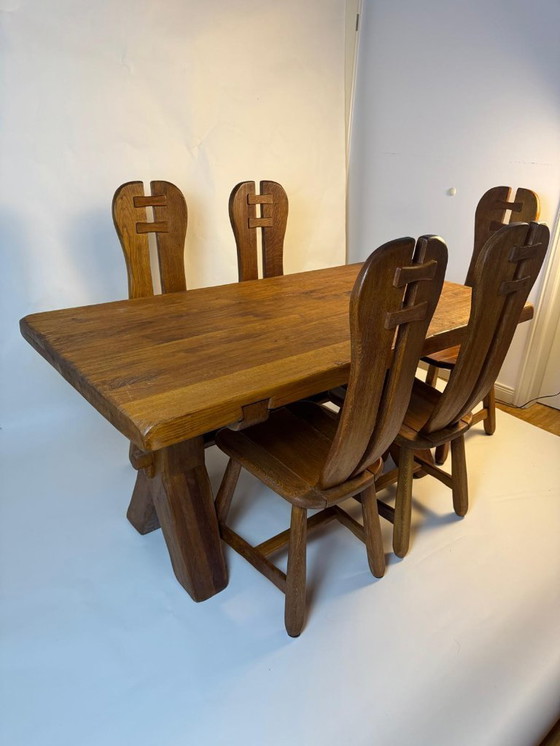 Image 1 of Brutalistische eettafel, massief eiken, De Puydt vintage