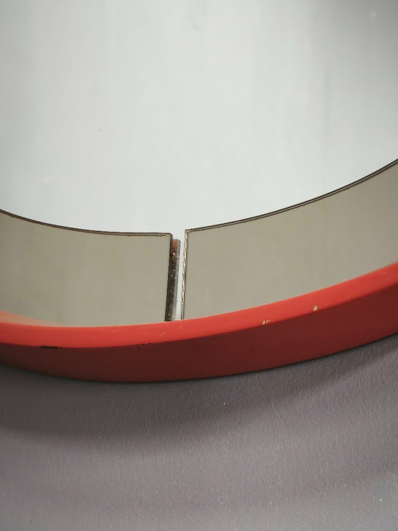 1970s Italian Space Age Red Lacquer and Smoked Glass Round Mirror – Wood (photo 3 of 9)