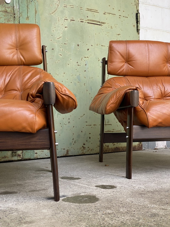 Image 1 of PERCIVAL LAFER | Fauteuil lounge MP-41 en cuir cognac, fabriqué au Brésil, lot de 2, rare