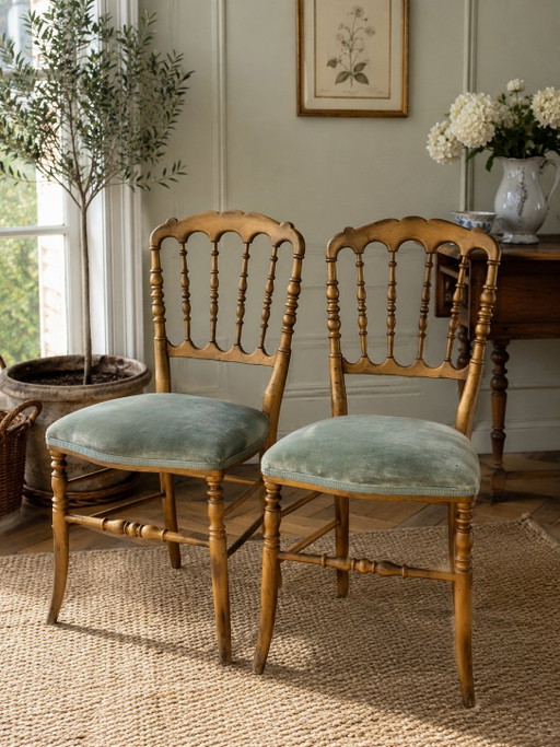 Napoleon III Chairs in Gilded Wood and Blue-Green Velvet – eetkamerstoelen