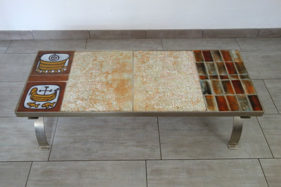 Image 1 of Tavolino Jean Gregorieff per Roche Bobois in ceramica e acciaio spazzolato 60 70