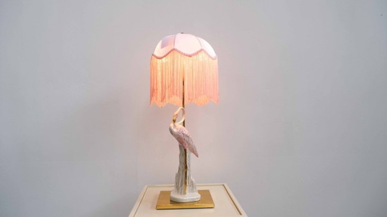 Image 1 of Lampe à table Flamingo vintage | Régence d'Hollywood | Fransenschirm | Céramique
