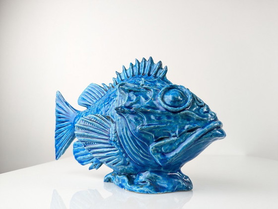Image 1 of Art déco italien Guido Cacciapuoti Sculpture de poisson Scorfano émaillée bleue années 1930