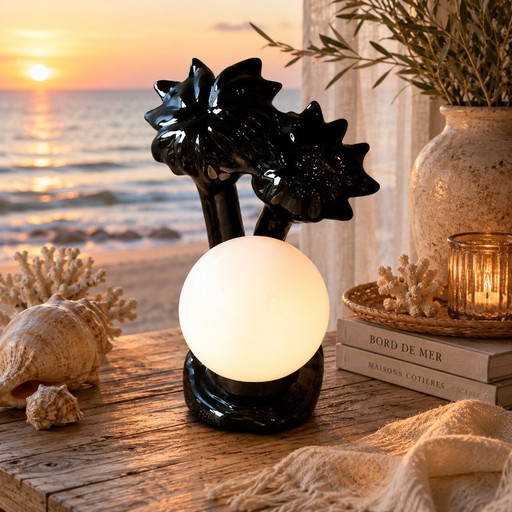 Palm tree lamp in ceramic and opaline glass, 1980