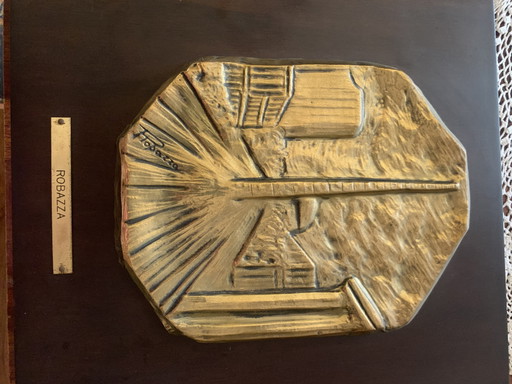 Bronze Plaque on Wood - Mario Benedetto Robazza (1934-2020) - Brutalist Relief Infrastructure - 1970s - 22x18 on 27x32 cm