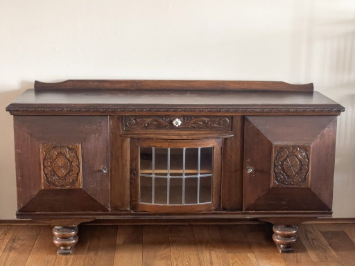 Characteristic Vintage Oak Sideboard with Wood Carving & Stained Glass