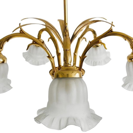 Image 1 of Lampadario vintage in ottone a sei bracci, metà secolo, con foglie di palma, Hollywood Regency, anni '70