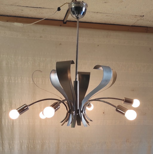 Lustre 6 feux Space-Age en métal chromé et brossé - années 70