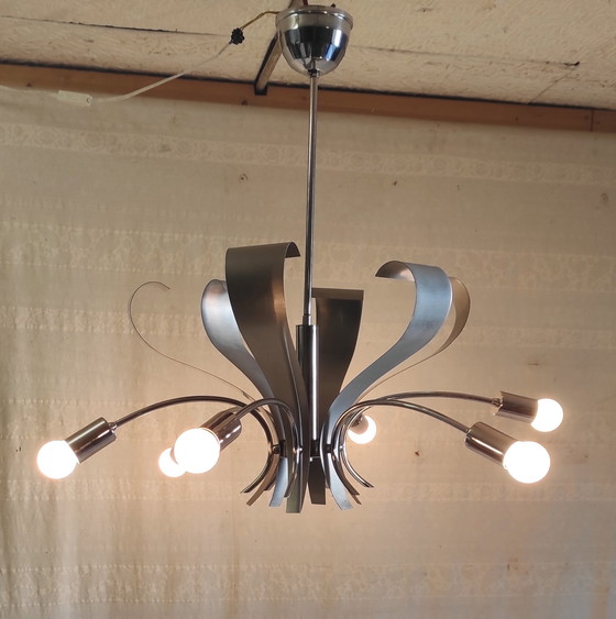 Image 1 of Lustre 6 feux Space-Age en métal chromé et brossé - années 70