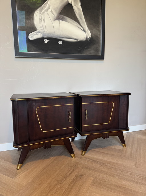 Vintage Art Deco walnut bedside tables set of 2