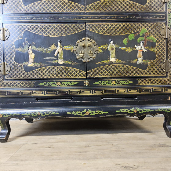 Image 1 of Vintage Chinese Cabinet Black with Hand-Painted Scenes / bohemian cabinet / Asian / Oriental cabinet
