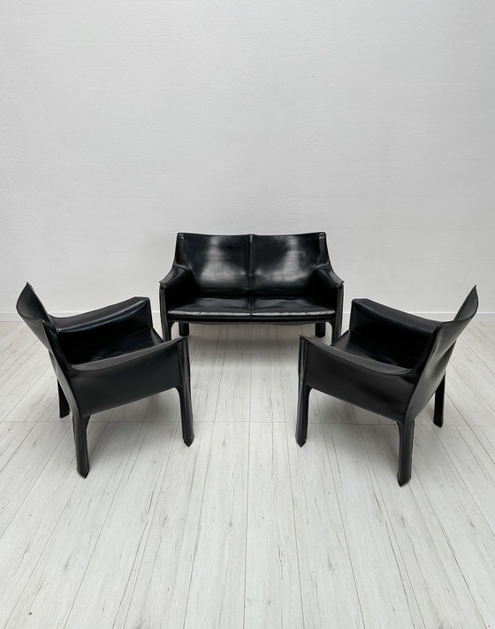 Image 1 of 1980S VINTAGE ITALIAN DESIGNER ‘CAB 414’ 2-SEATER LEATHER SOFA BY MARIO BELLINI FOR CASSINA IN BLACK LEATHER