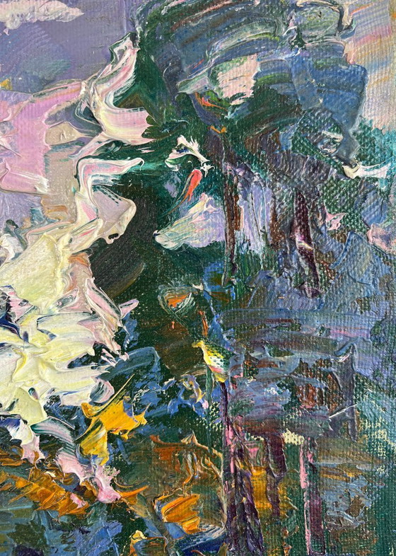 Image 1 of Peinture à l'huile originale, paysage d'été, rosée du matin argentée