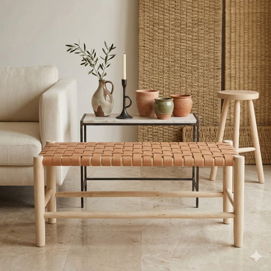Image 1 of Banc bohème en bois – Banc d'appoint artisanal en bois massif pour la décoration du salon, de l'entrée et de la chambre