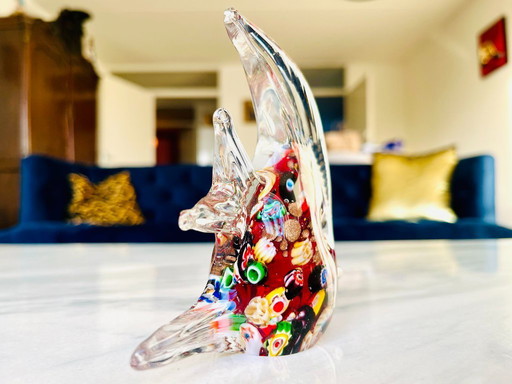 Figurine en verre de poisson style Murano, sculpture artisanale soufflée à la main, millefiori coloré