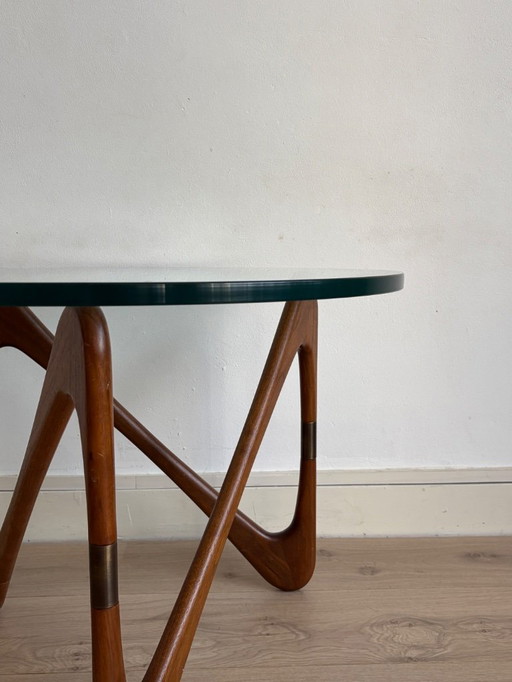 Midcentury Round Glass & Walnut Table, California, 2000s