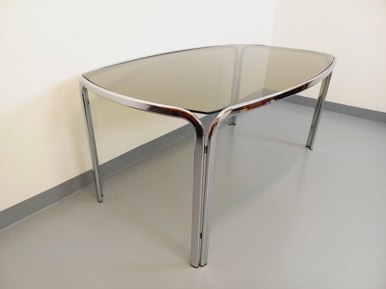 Image 1 of Incurved Rectangular Dining Table in Smoked Glass and Chrome Metal 70's Space Age Style