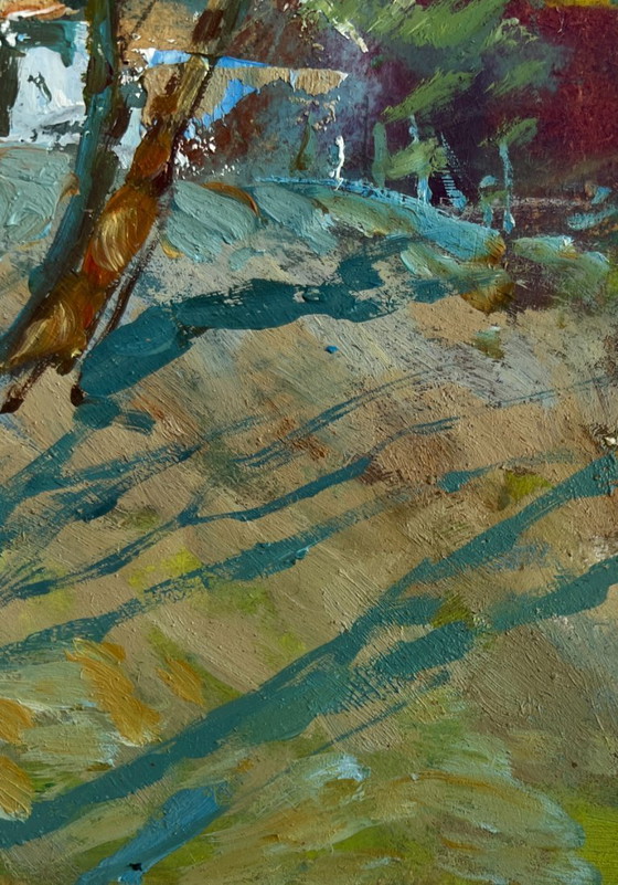 Image 1 of Origineel olieverfschilderij: Landschap bij een zomerhuisje in de schaduw van de bomen