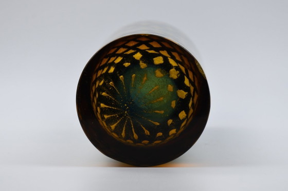 Josef Hospodka vase, Chřibská glassworks, design 1966 – blue/yellow net pattern, 27 cm – Chribska (photo 7 of 8)